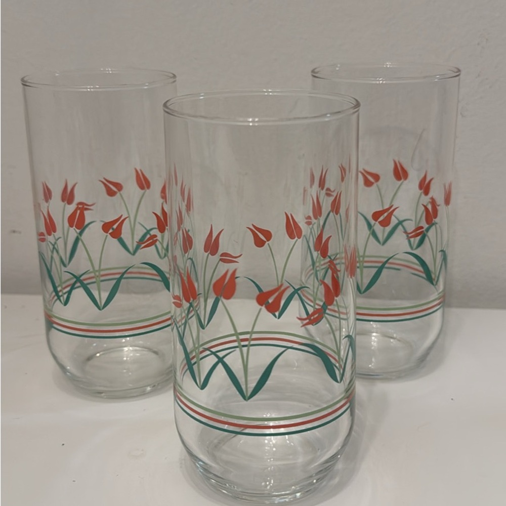 Vintage Tulip Glass Set with Red and Green Design